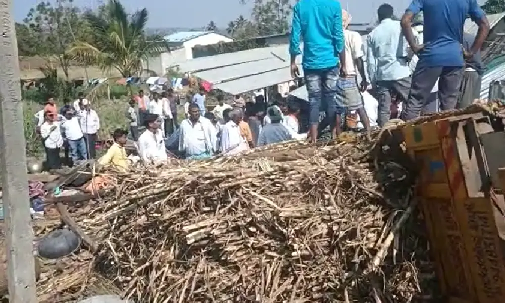 sugarcane Tractor overturns on roadside shed Woman dies four critically injured