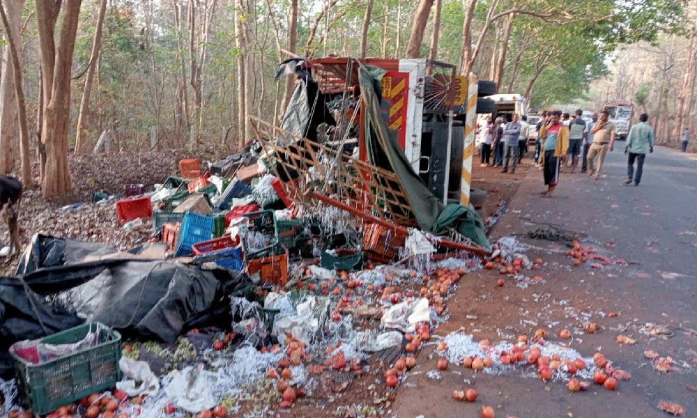 road accident: lorry carrying fruits overturns and rams into road side tree, driver died on spot