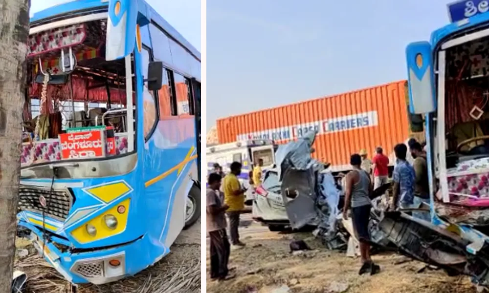 Car and bus Road accident near Tumakuru Hirehalli Highway Five people died on the spot