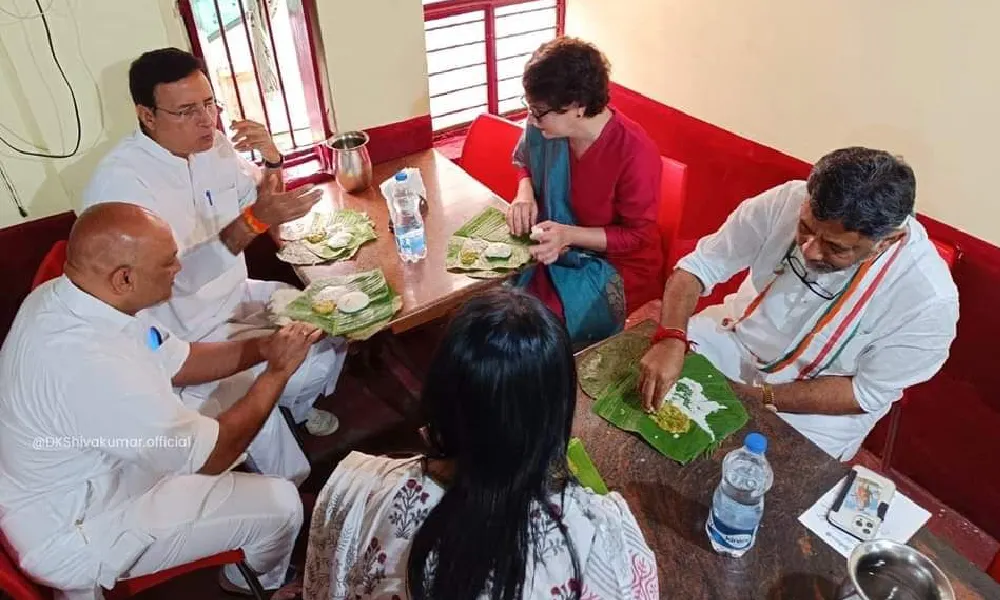 Priyanka Gandhi with D K Shivakumar at Mylari hotel in Mysore.

