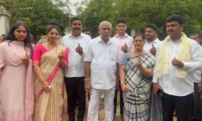 karnataka-election: BSY goes ot polling center with family