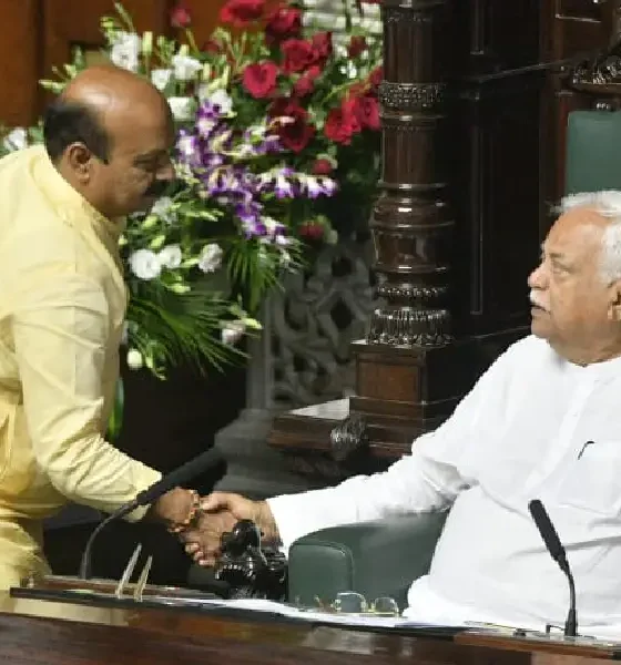 Former CM Basavaraja Bommai greets protem speaker RV Deshapande during MLAs swearing in ceremony