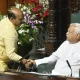 Former CM Basavaraja Bommai greets protem speaker RV Deshapande during MLAs swearing in ceremony
