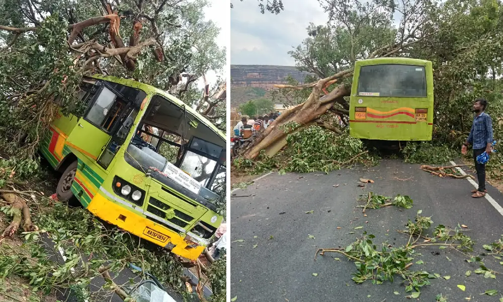 tree falls on moving bus near gajendragada, 15 injured
