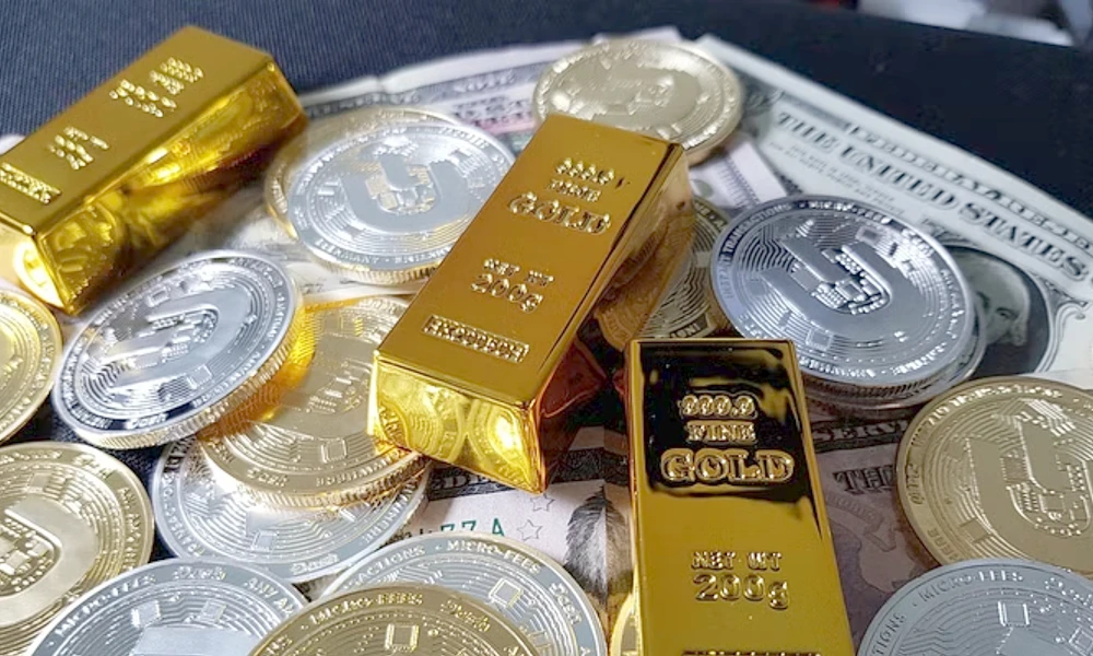 gold biscuit and silver coin