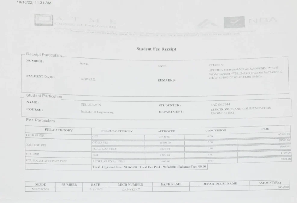 Exam fee challan