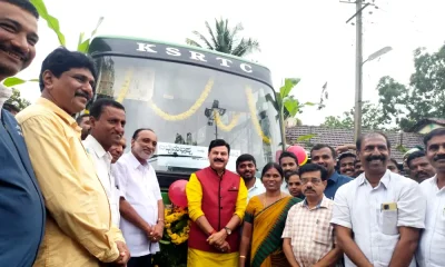 MLA Belur Gopalakrishna drives a government bus in Haratalu village