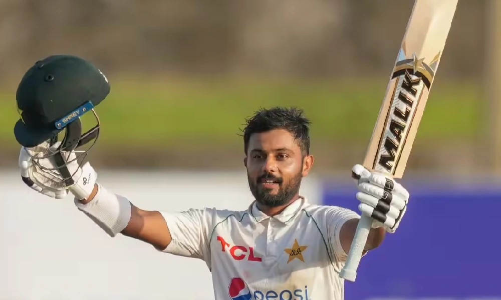 Pakistan's Saud Shakeel celebrates scoring a double century during the third day of the first cricket test match between Sri Lanka and Pakistan in Galle