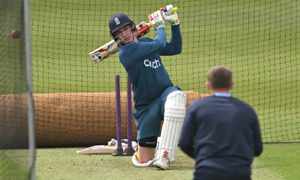Harry Brook gets stuck in in the nets