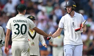 Zak Crawley gets a handshake from Pat Cummins