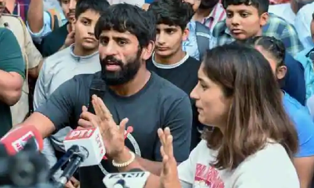 Bajrang Punia and Vinesh Phogat during a press conference