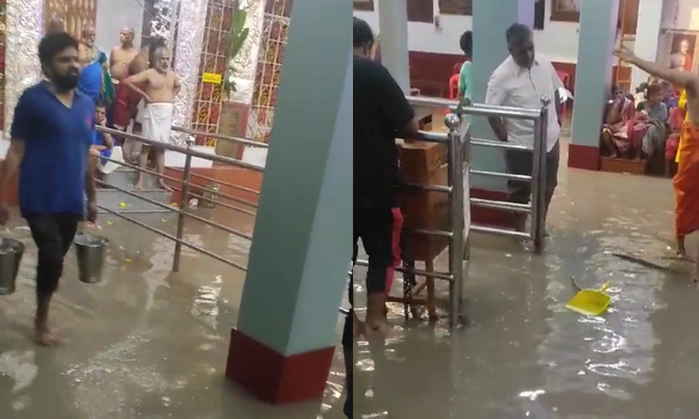 Rainwater enters Raghavendra Swamy temple in Malleshwaram