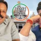 Chaluvarayaswamy and DK Shivakumar infront of Vidhana soudha and BJP Logo