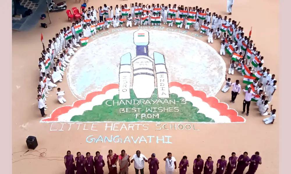 Chandrayaan 3 depicted in huge rangoli at Little Heart School in Gangavathi