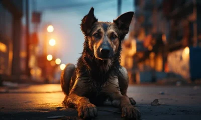 Dog on the street in the evening