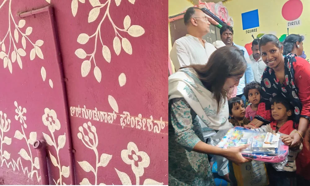 Dinesh gundurao and his daughter Ananya Dinesh Gundu rao in Gandhinagara Anganawadi and gift gives to children