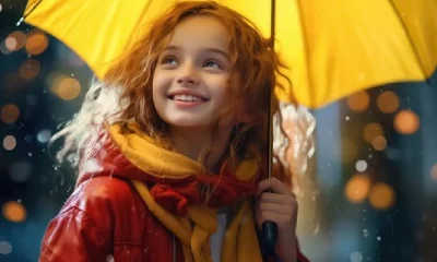 Girl standing in Rain with umbrella