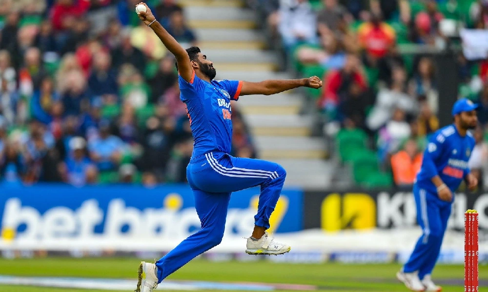 Jasprit Bumrah springs up as he delivers the ball