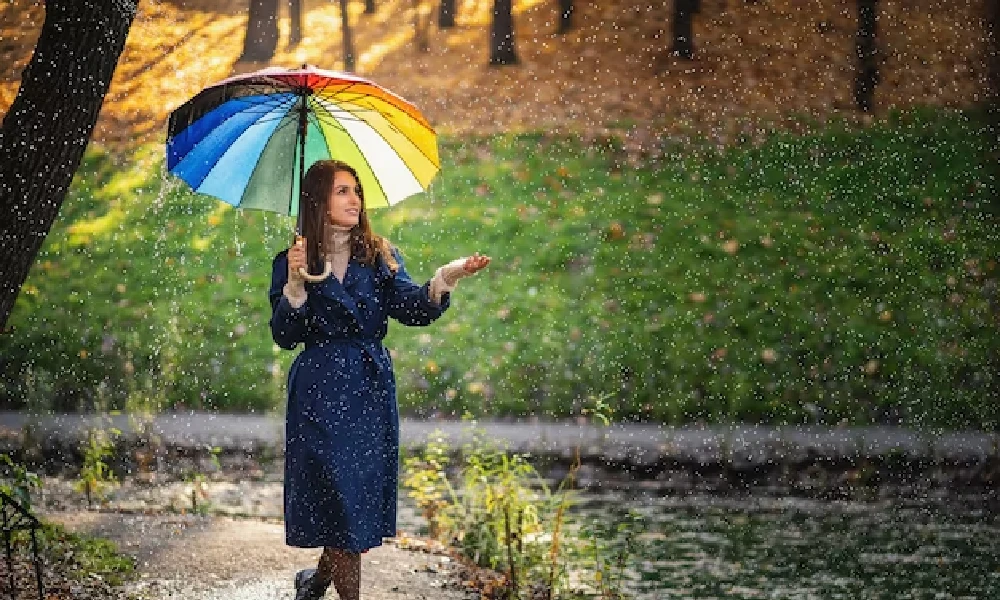 happy smiling girl holding umbrella in Rain