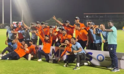South Zone celebrate with their spoils, having beaten East Zone by 45 runs in the Deodhar Trophy final