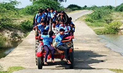 No bus to various villages in Yadgiri Dangerous traveling of students on tractors