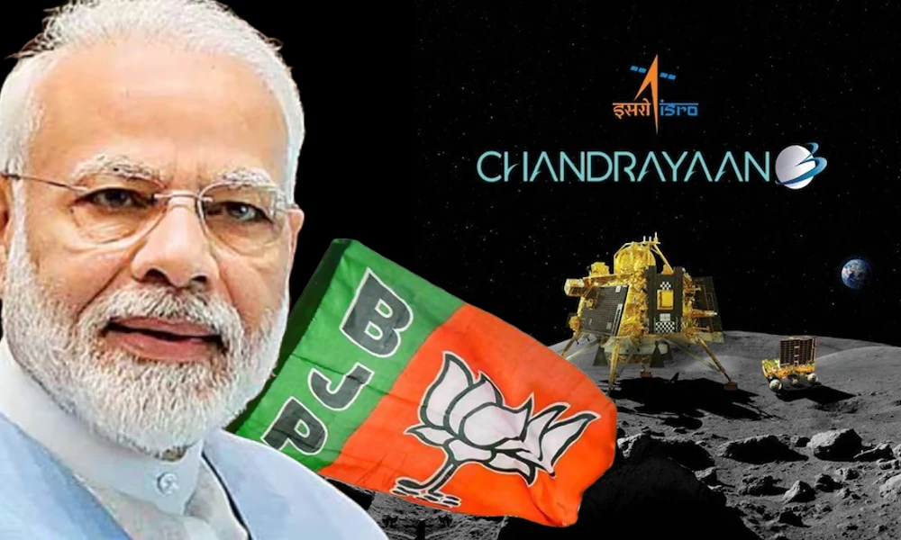 PM Narendra modi and chandrayaana 3 success meet and bjp flag