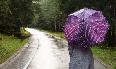woman with a purple umbrella walks in