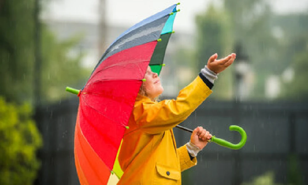 Little boy holding a umbrella and Enjoying Rain
