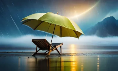yellow umbrella with bench