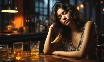 Young sad woman sitting at the bar with a glass of whiskey