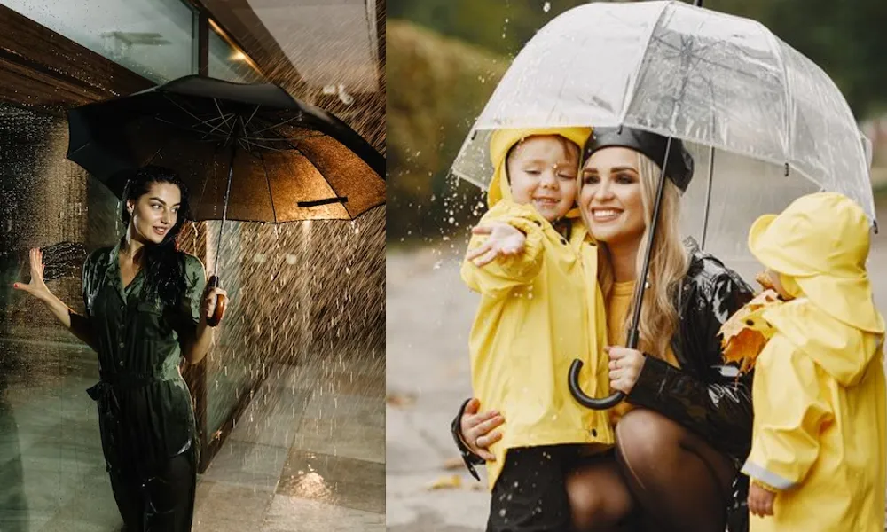 women with umbrella in Rain and childrens