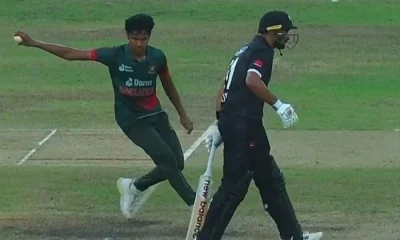 Hasan Mahmud running out Ish Sodhi at the non-striker's end
