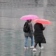 Girls walking in rain