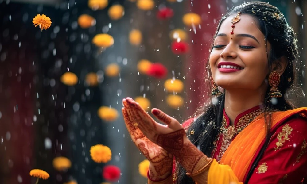 Traditional girl with rain and flowers