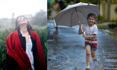 Women and boy enjoying rain