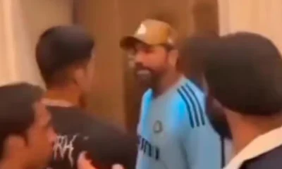 Shubman Gill (2L) and Rohit Sharma (2R) during a discussion outside elevator.