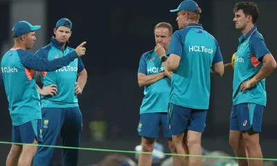 Summit meeting: Pat Cummins, David Warner and Steve Smith chat with Andrew McDonald and Andy Flower