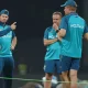 Summit meeting: Pat Cummins, David Warner and Steve Smith chat with Andrew McDonald and Andy Flower