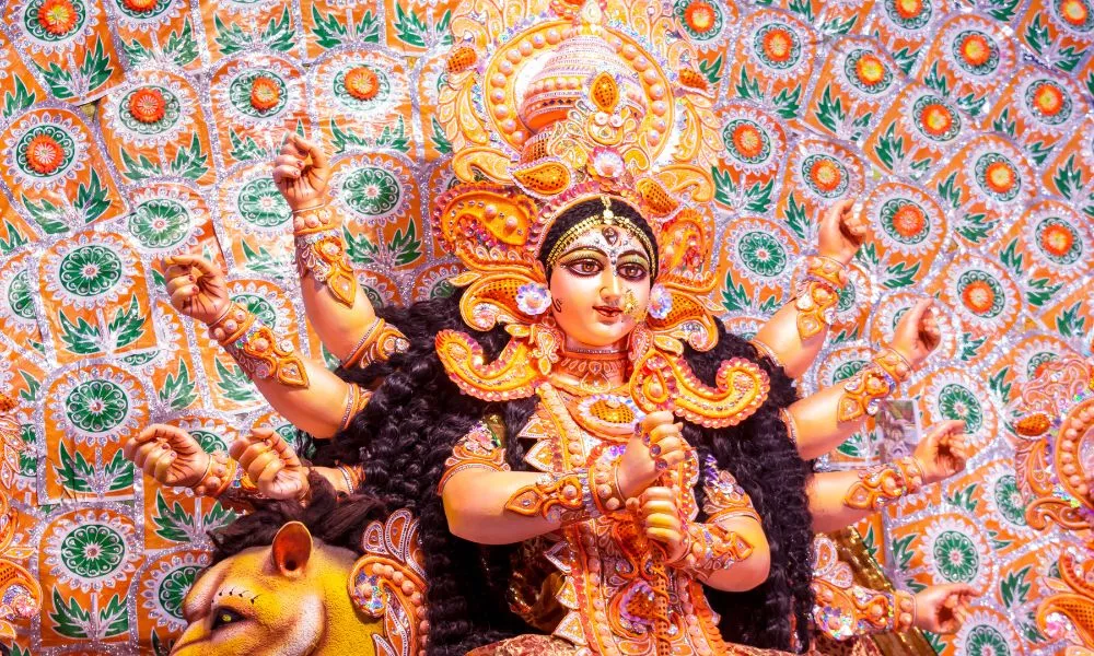Close up view of Maa Durga's Face during Durga Puja festival.