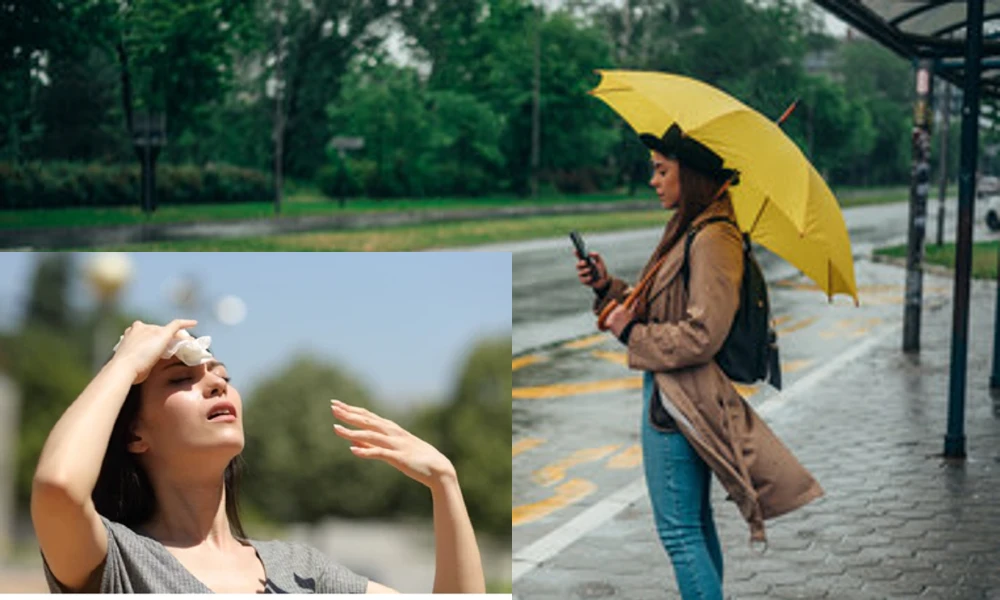 Girl holding umbrella and another girl having hot weather