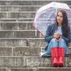 Girl siting in steps and Holding Umbrella