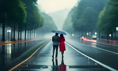 Men and women walking in Road with rain