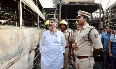 DK Shivakumar at bus fire site