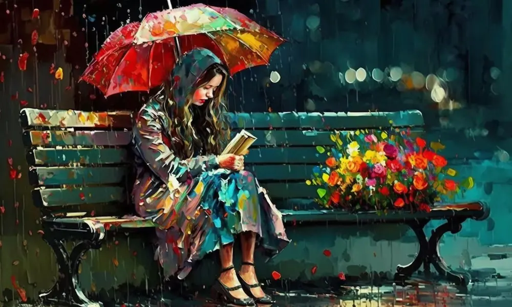 A girl reading a book in the rain