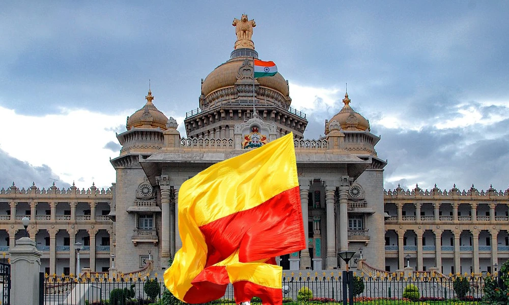 kannada flag in front of vidhana soudha