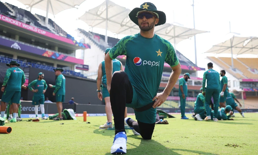 Shaheen Afridi practises while wearing a shoe with a hole