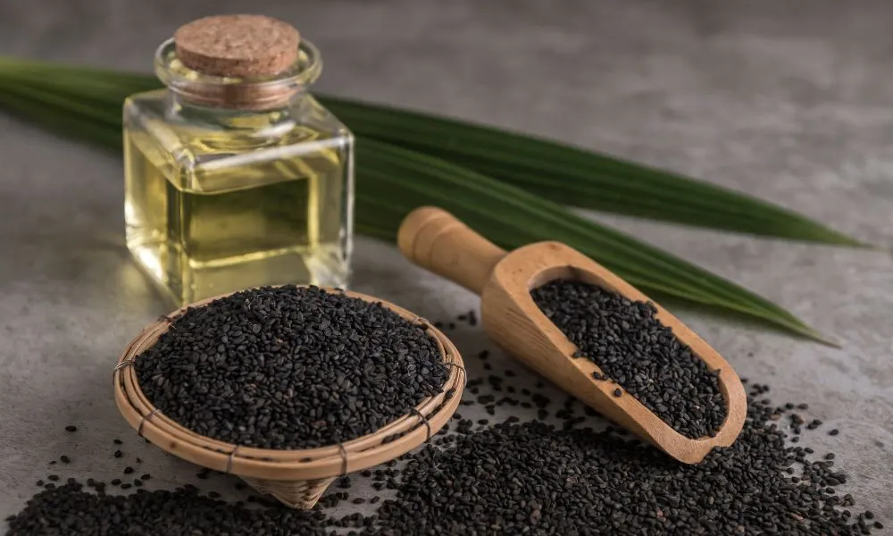 Black sesame seeds with oil on dark background.