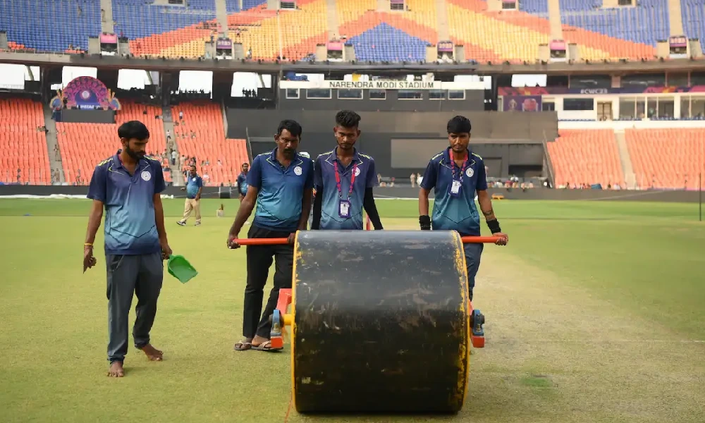 Groundstaff at the Narendra Modi Stadium put the roller to work ahead of the final