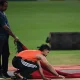 Ishan Kishan inspects the Visakhapatnam pitch