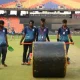 Groundstaff at the Narendra Modi Stadium put the roller to work ahead of the final